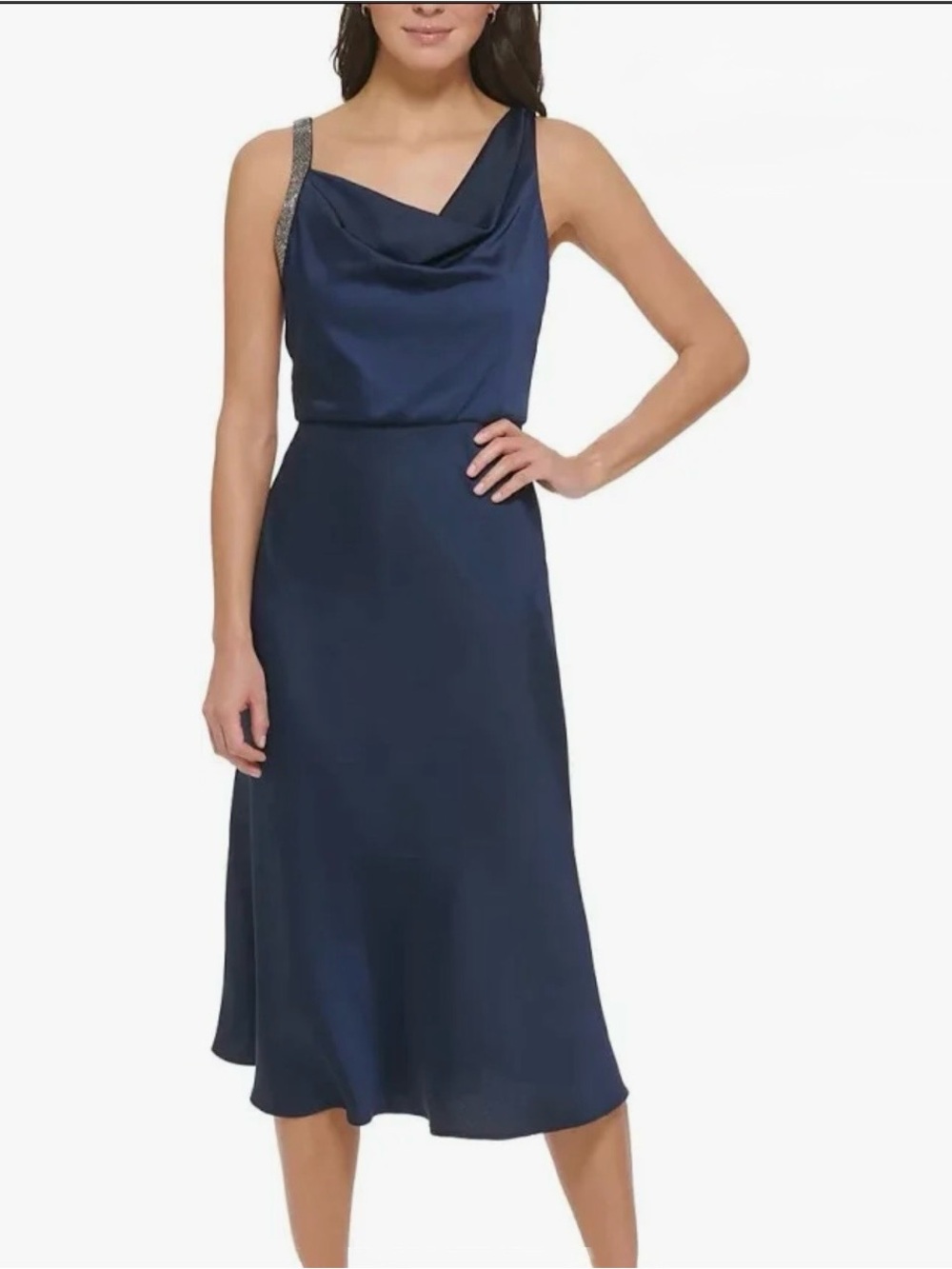 DKNY Navy Blue Embellished Strap Cowl Neck Midi Dress, Size 12